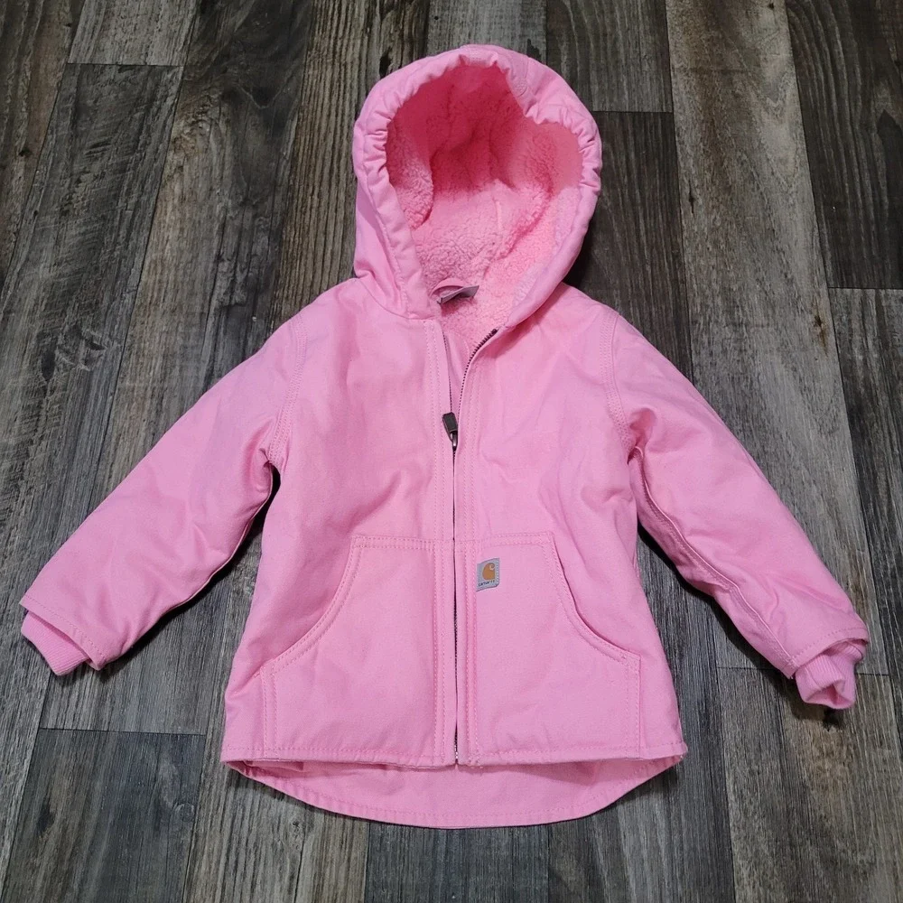 Carhartt Girls 3T Pink Washed Duck Hooded Jacket Sherpa Lined Full Zip Workwear
